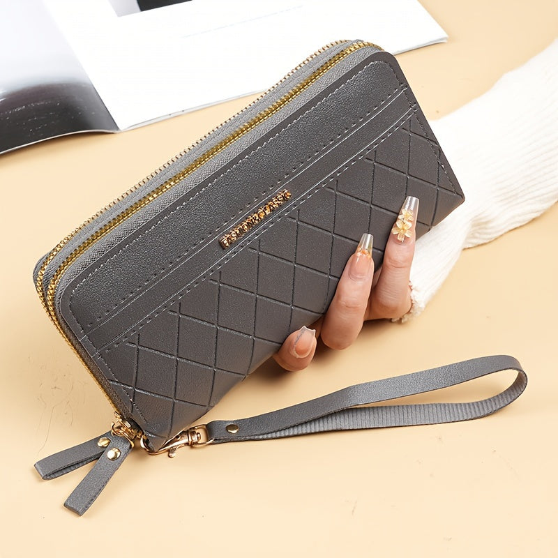 Fashion Double Zipper Long Wallet, Argyle Pattern Clutch Bag, Women's Wrist Coin Purse Mobile Phone Bag