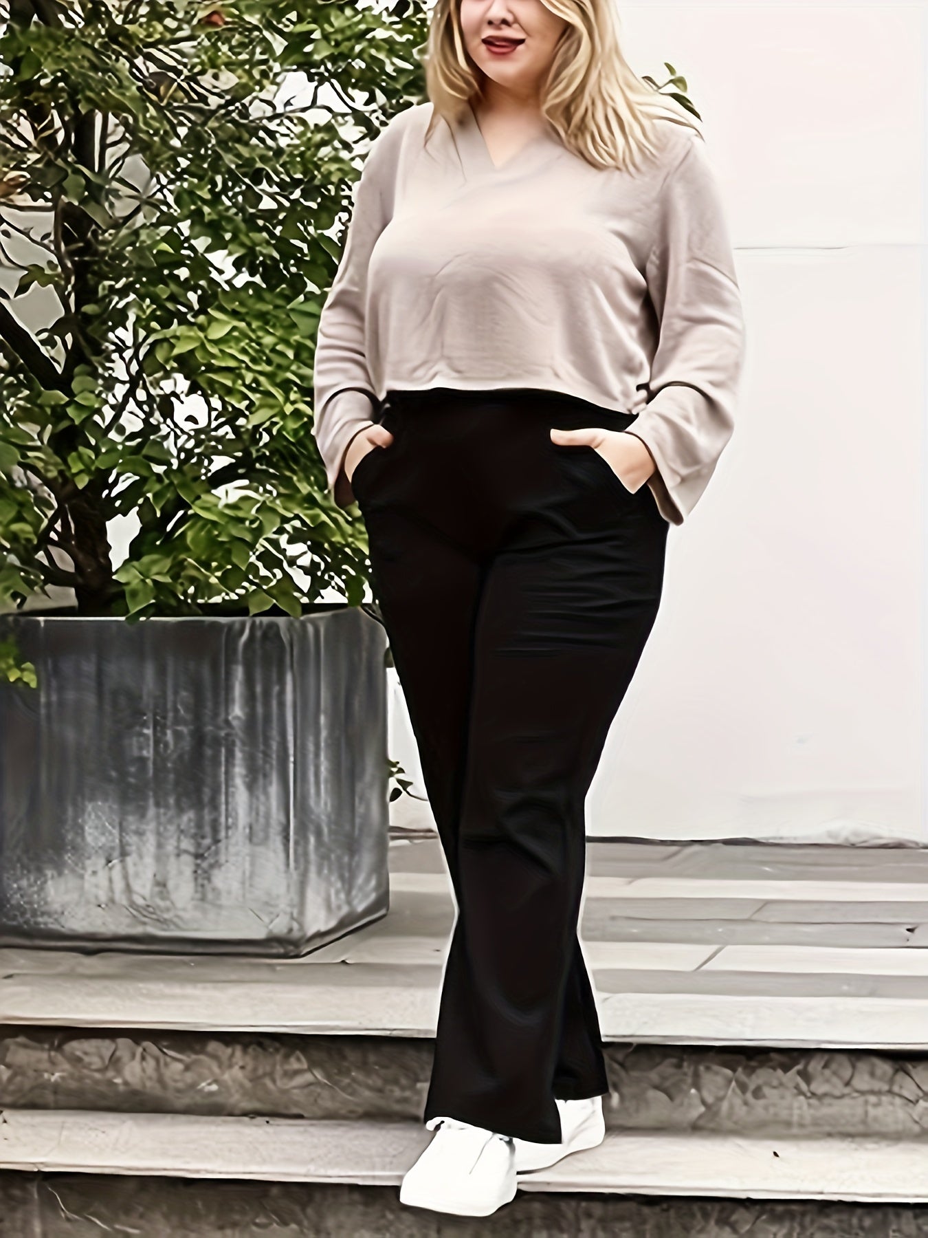 Solid straight leg pants with high waist for spring & summer in plus size