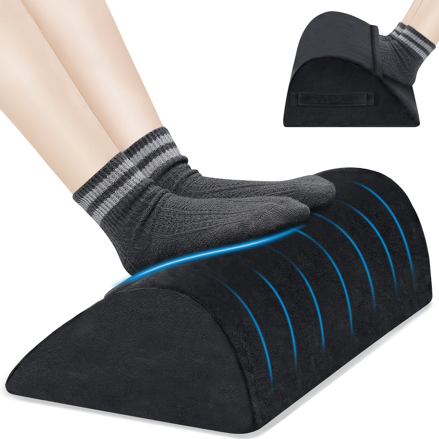 Ergonomic footrest with plush foot pocket and memory foam, ideal for desks and office chairs.