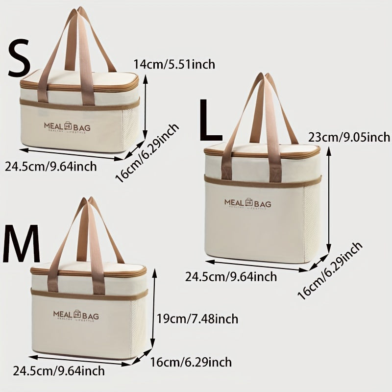 Set of insulated lunch bags with handle, made of hand washable light beige polyester material, featuring a thick aluminum foil lining for insulation. These waterproof thermal food container totes come in three different sizes, perfect for work or school.