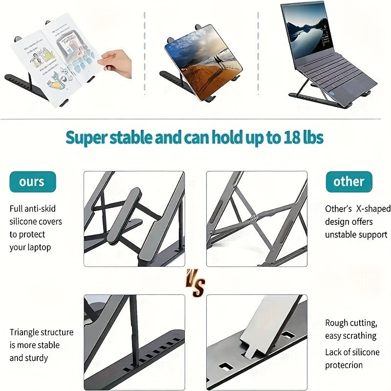 Adjustable laptop stand made of lightweight ABS material, with easy clip and foldable design. Fits 30.48-39.62 cm notebooks, provides enhanced cooling and comfort.