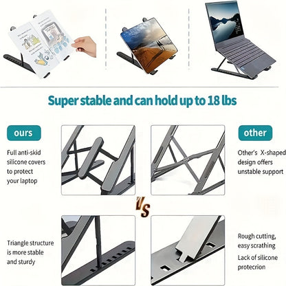 Adjustable laptop stand made of lightweight ABS material, with easy clip and foldable design. Fits 30.48-39.62 cm notebooks, provides enhanced cooling and comfort.