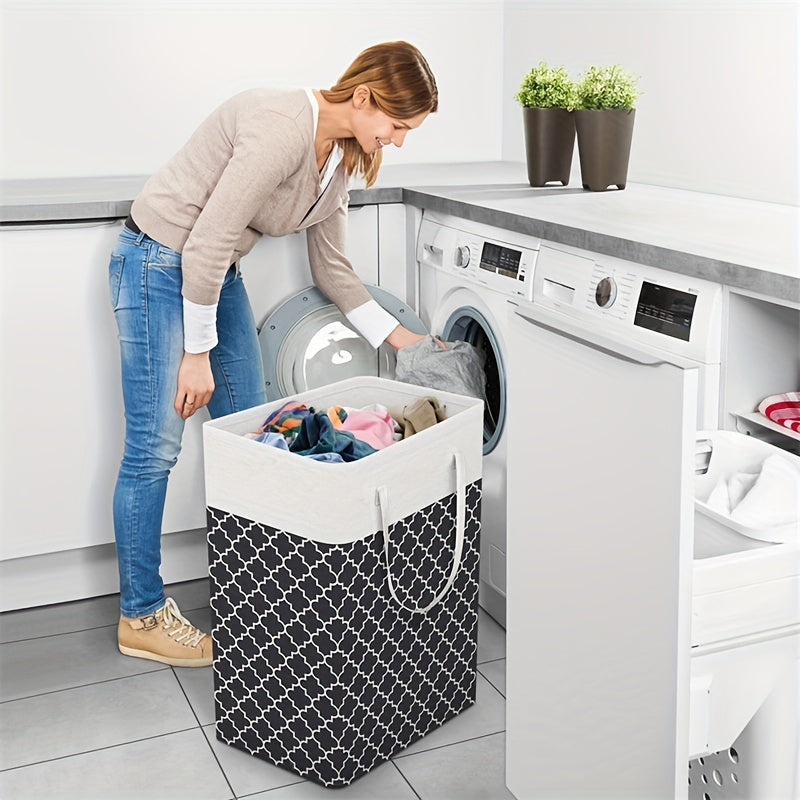 Large collapsible laundry hamper with easy carry handles, perfect for laundry, bedroom, dorm, clothes, towels, and toys. This freestanding clothes hamper comes in a stylish clover black design.