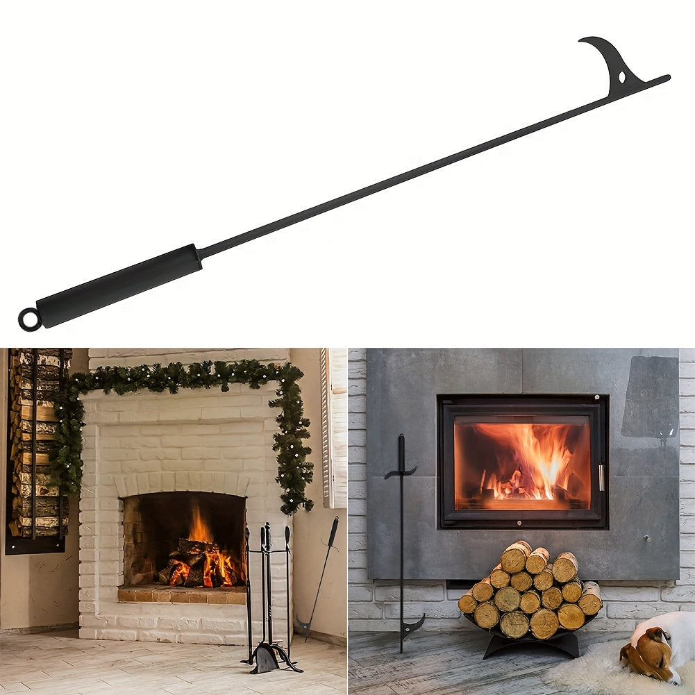 Long-handled fire poker made of durable black iron for grabbing fireplace logs, ideal for wood stoves, campfires, and BBQ grills. A must-have accessory for your fireplace.