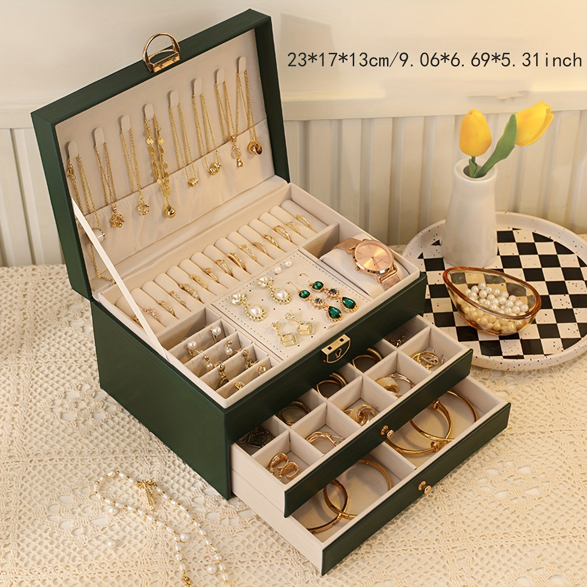 Faux leather jewelry box with 3 layers for various accessories, ideal for bedroom storage or as a gift for your girlfriend.