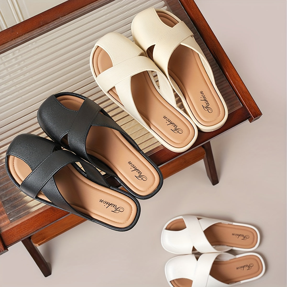 Stylish women's sandals with cross strap design, breathable PVC cover, flat heel. Available in white, beige, black. Perfect for vacations.