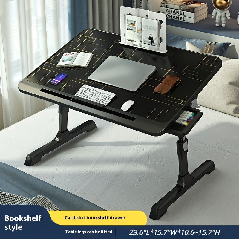 Adjustable overbed laptop desk with foldable legs and storage drawer for home and office use.