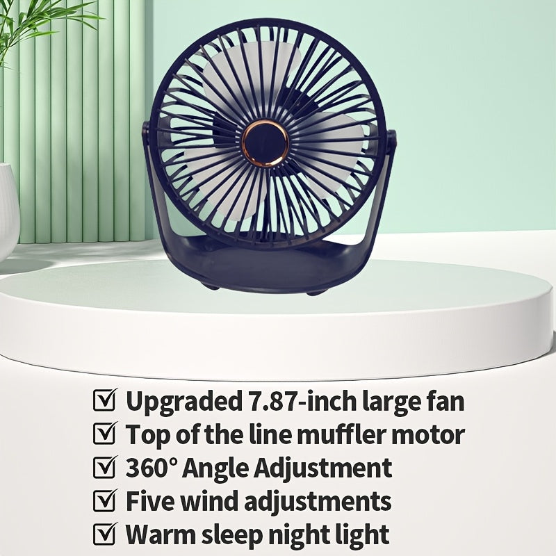 Introducing the JKUOO 2025 Upgraded Mini Portable Table Fan. This fan features 5 adjustable speeds and a convenient night light that can be adjusted to your liking. The durable motor ensures quiet operation while the USB rechargeable 1200mAh lithium