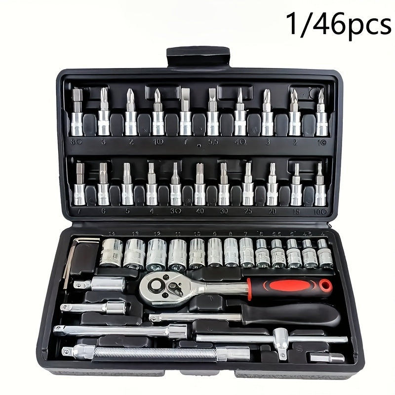 Professional automotive repair toolbox with 46 pieces, portable, durable, and easy-to-use ratchet wrench set for automotive, marine, motorcycle repairs, and home industrial maintenance.