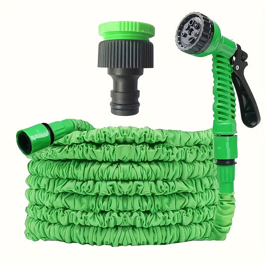 Flexible green garden hose set with high-pressure nozzle and connector for various outdoor uses such as watering, car wash, and pet cleaning. Available in lengths of 22.86m, 30.48m, and