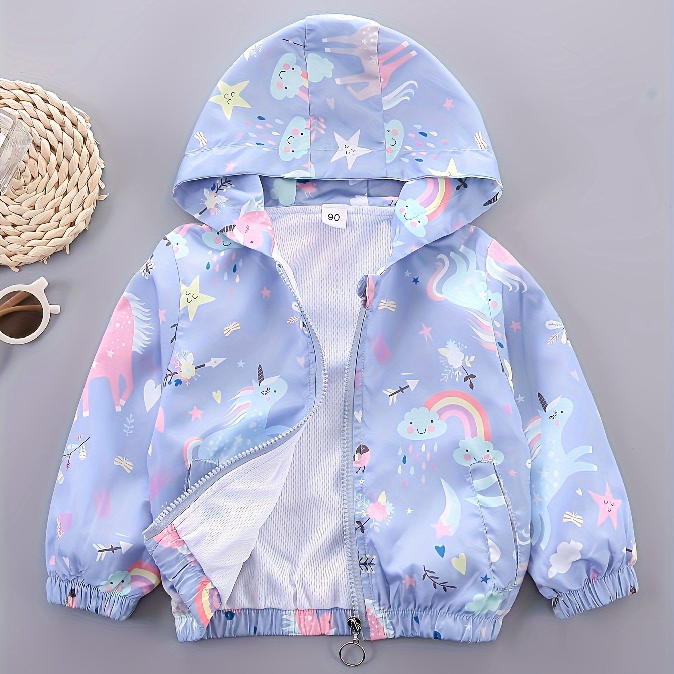 Girls' cartoon hoodie jacket with horned horse/bear and flowers pattern, featuring a zipper closure. Casual and comfortable loose fit coat.