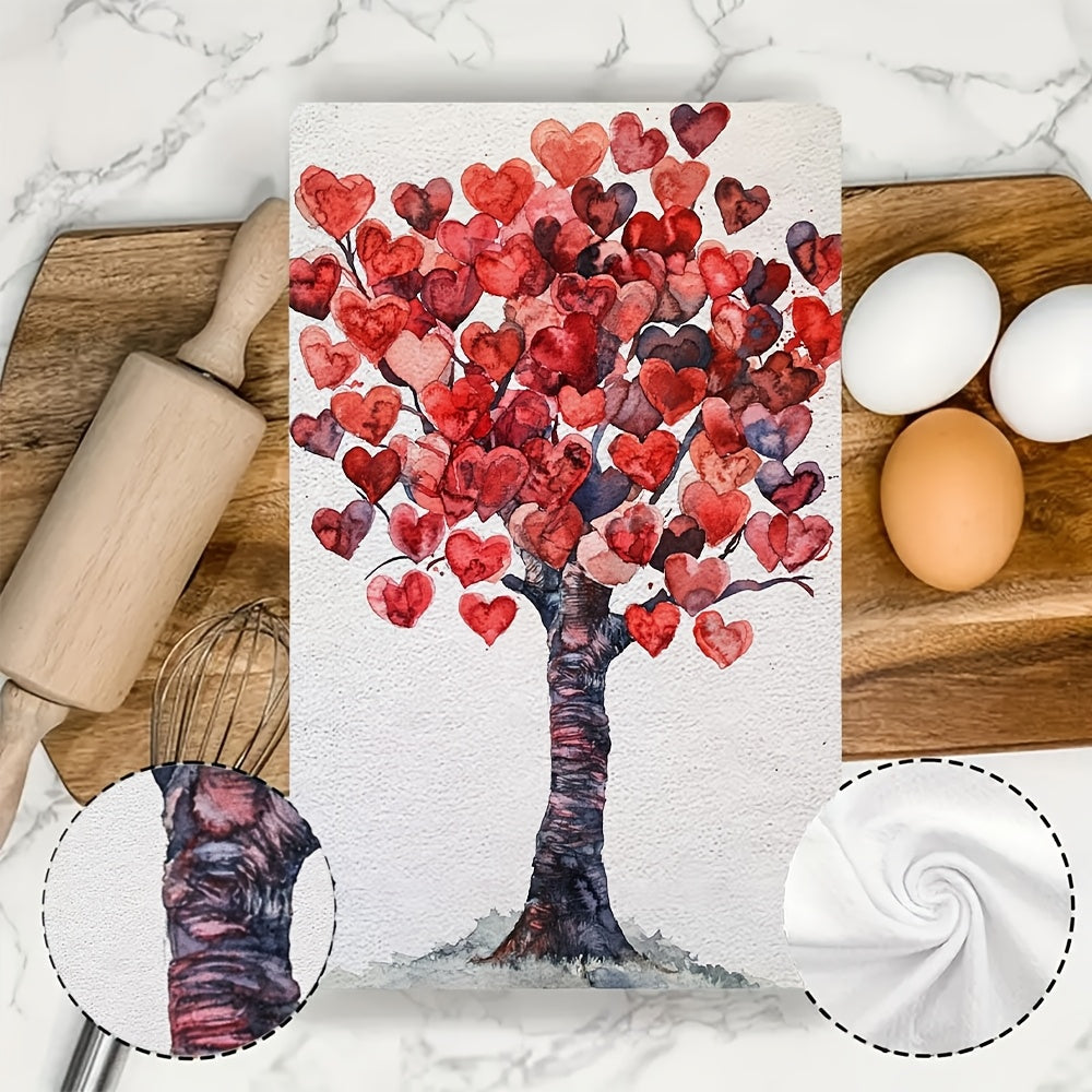 Two pieces of luxurious Valentine's tree kitchen towels that are incredibly soft and highly absorbent. These machine washable dish hand towels feature a romantic heart design, measuring 40.64x60.96 cm. Perfect for holiday decor and drying dishes, these