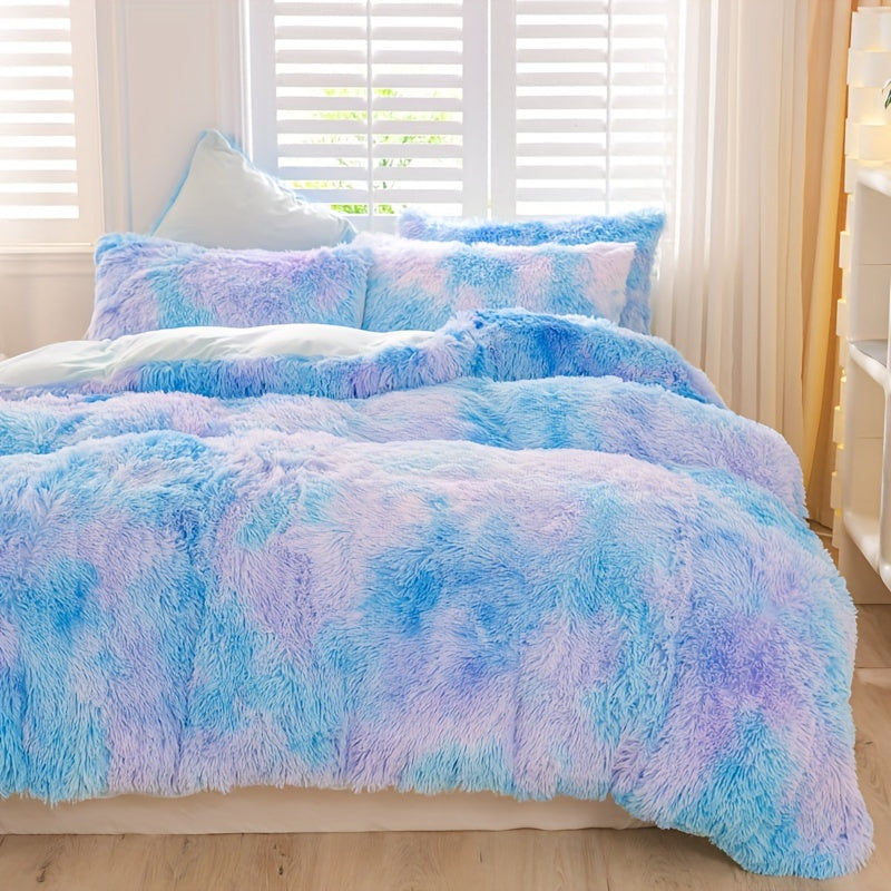 Y2K Tie Dye Plush Duvet Cover Set includes 3 pieces (1 Duvet Cover + 2 Pillowcases), providing soft and warm bedding.