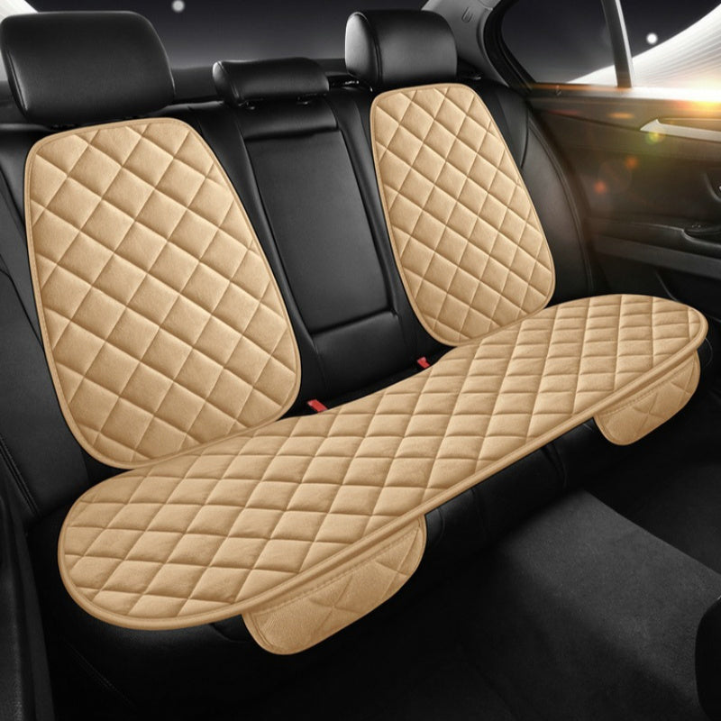 Premium knit polyester car seat cushions set of 3 with plush backrest covers, easy installation, and universal fit for multiple vehicle models.