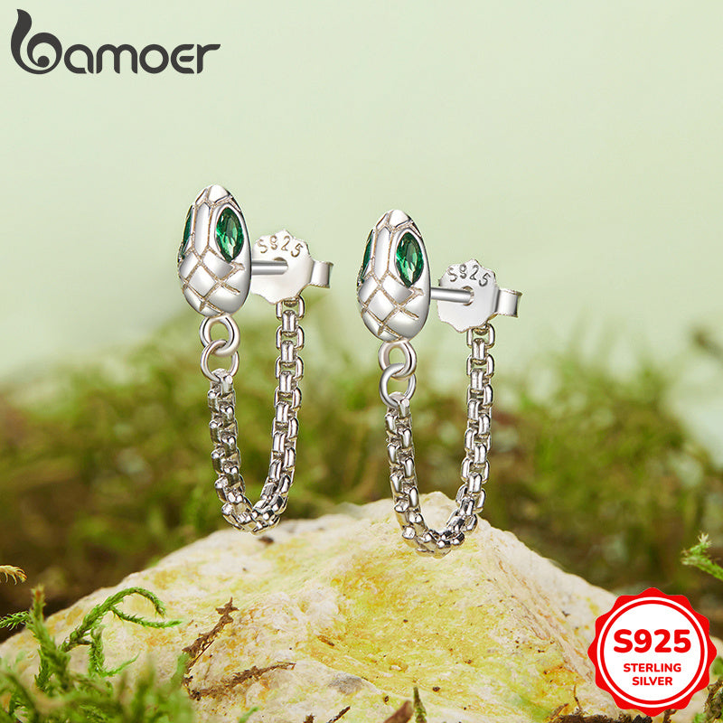 Vintage punk style 1 pair of GAMOER chic snake tassel hoop earrings for women featuring green gemstone eyes. Made of hypoallergenic 925 sterling silver, perfect for music festivals and parties.