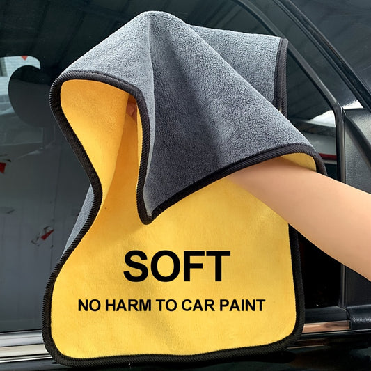 Soft Coral Fleece Car Wash Towel, Yellow & Gray, Absorbent, Lint-Free, Safe for Car Paint, Great for Detailing & Cleaning.