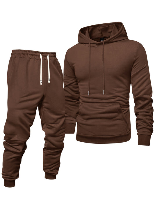 Men's Long Sleeve Hooded Sweatshirt and Threaded Sweatpants Set for Spring and Autumn, featuring a solid color pullover and casual sports trousers with drawstring belt.