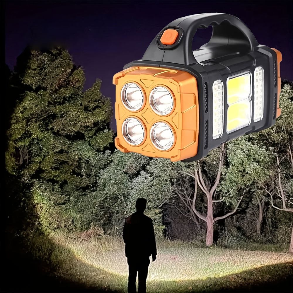 Portable lantern with emergency lighting for camping and fishing, can be recharged with solar or USB.