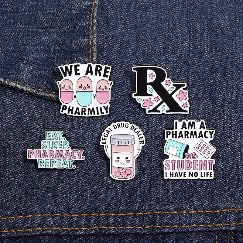 Set of 8 Enamel Brooch Pins - Made of Alloy Metal with Humorous Phrases, Unique Shapes, and Realistic Designs. Perfect for adding a fun touch to Backpacks, Coats, and Hats. Great gift for Pharmacy Students and Science Lovers.