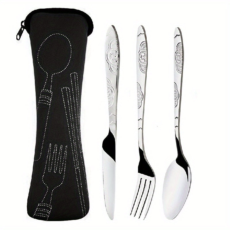 Premium stainless steel cutlery set includes knife, fork, spoon in chic case- perfect for camping and travel.