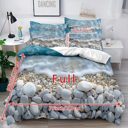 3-piece Serene Beach Pebble Bedding Set: Soft & breathable polyester duvet cover and pillowcases with oceanic blue and white marble pattern. Features zip closure and is machine washable for