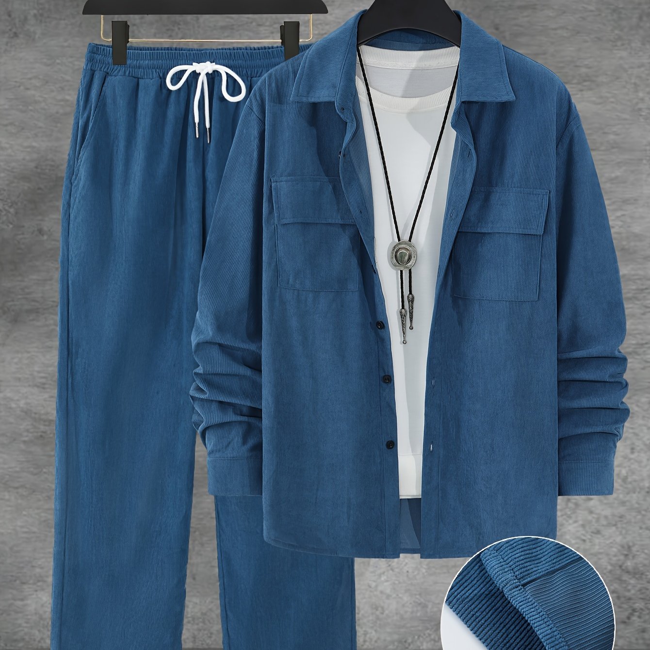 Men's Casual 2pcs Fall/Winter Set: Blue Button-Up Shirt & Drawstring Pants - Perfect for Outdoors & Gifts