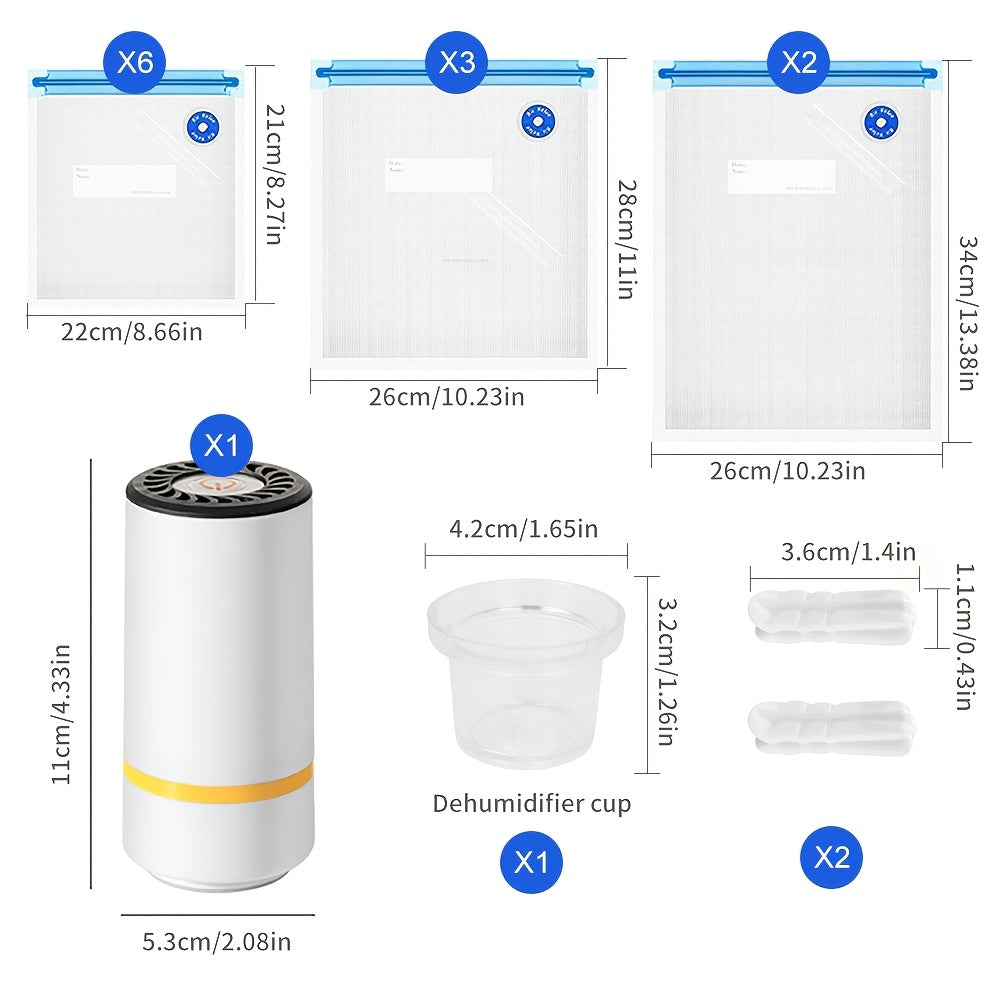 This set includes 15 pieces of food vacuum storage items, consisting of a mini electric vacuum machine, food vacuum storage bags, a handheld mini electric vacuum pump, three sizes of food sealing bags (6 pieces of 21.59 x 20.32 cm, 3 pieces of 27.94 x