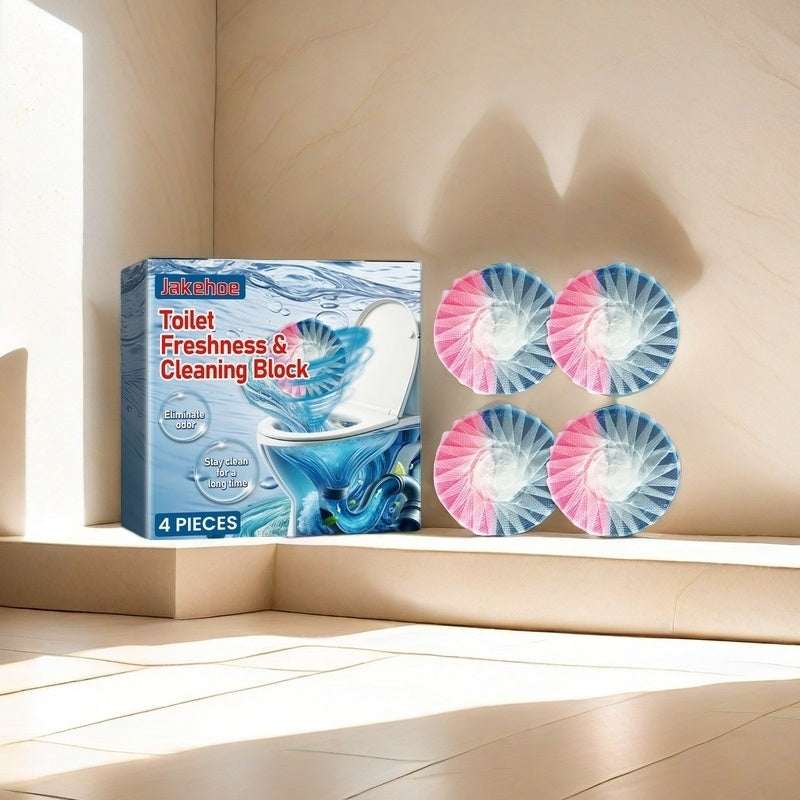 Get a 4-Pack of FreshClean Toilet Bowl Cleaner Tablets for a Fume-Free, Odor-Eliminating, Stain & Ring-Removing, Long-Lasting Freshness. Specifically designed for ceramic surfaces, these tablets use Sodium Bicarbonate as a deodorizer.