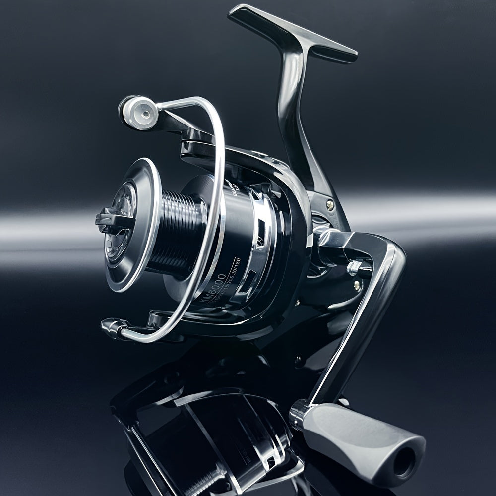 Spinning reel 1000-7000 series with smooth, sensitive performance for freshwater and saltwater fishing. Features include metal cup, folding rocker arm, and 5.2:1 gear ratio.