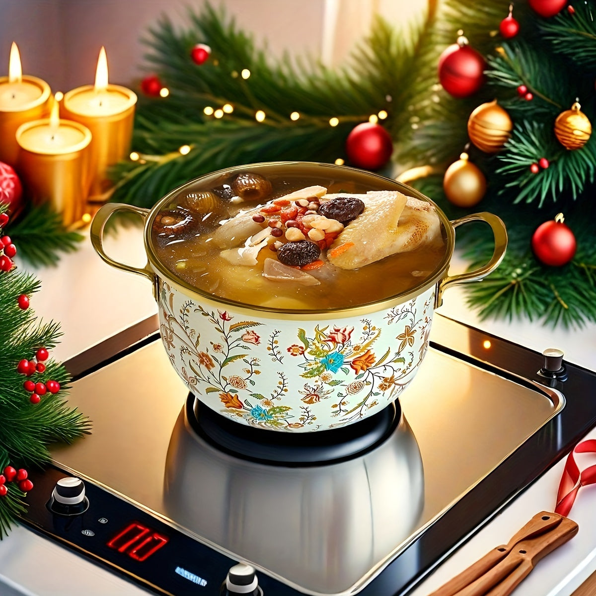 One piece of handmade enamel saucepan - Thick enameled pot perfect for stews, soups, serving at the table, and displaying in the kitchen - Spacious and easy to clean, suitable for gas, open flame, and induction cooktops.