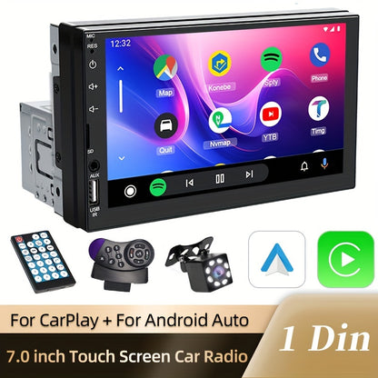 HIPPCRON Single DIN Car MP5 Multimedia Player with 17.78cm HD touch screen, wired CarPlay and AndroidAuto support, Radio Box at bottom, MirrorLink and wireless connection for navigation and