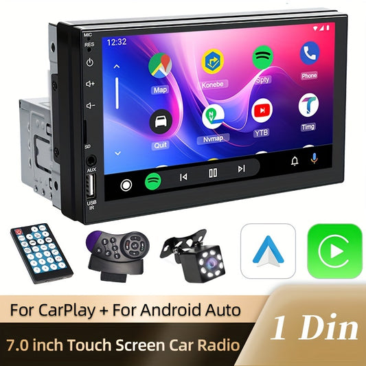 HIPPCRON Single DIN Car MP5 Multimedia Player with 17.78cm HD touch screen, wired CarPlay and AndroidAuto support, Radio Box at bottom, MirrorLink and wireless connection for navigation and