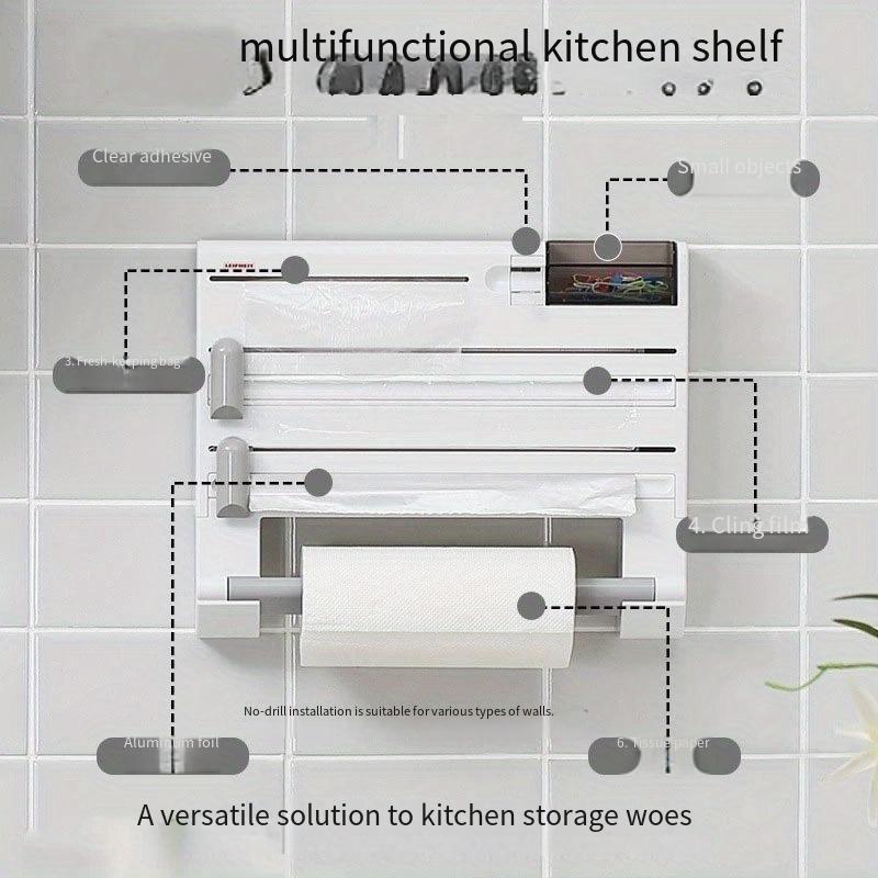 Efficient Kitchen Organizer with Plastic Wrap Dispenser and Cutter for Convenient Food Storage and Preparation - Perfect for Saving Space