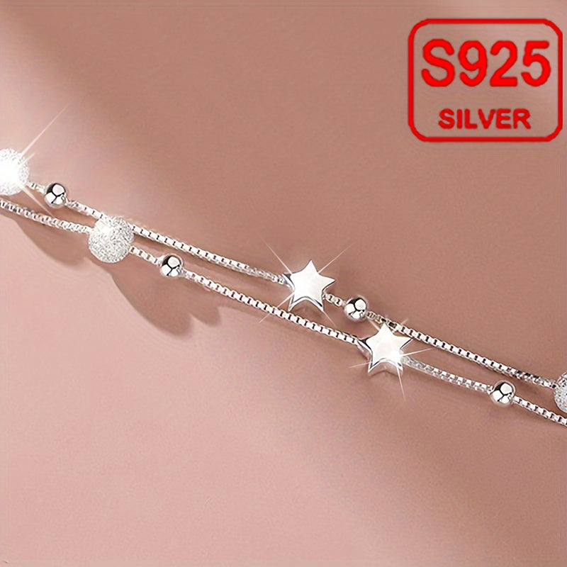 Double-layer Star Hypoallergenic Bracelet in 925 Silver for Women, Stylish Retro Luxury Design. Perfect for Mother's Day or Music Festival. Comes in an Anti-oxidation Gift Box.