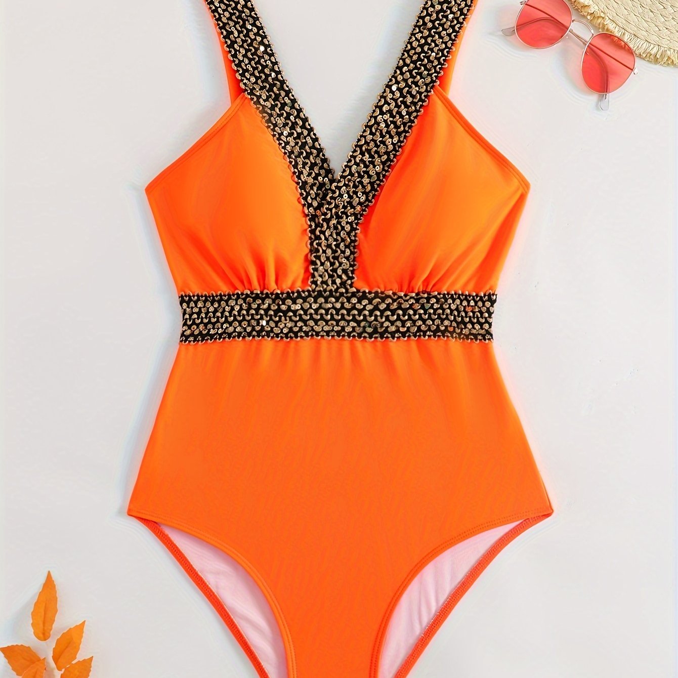 Compare Golden Band One-piece Swimsuit with V Neck Back Buckles Backless Bathing Suits for Women.