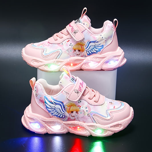 Girls' low top running shoes with glittering design, buckle closure, and lightweight microfiber synthetic construction for kids aged 14 and under.