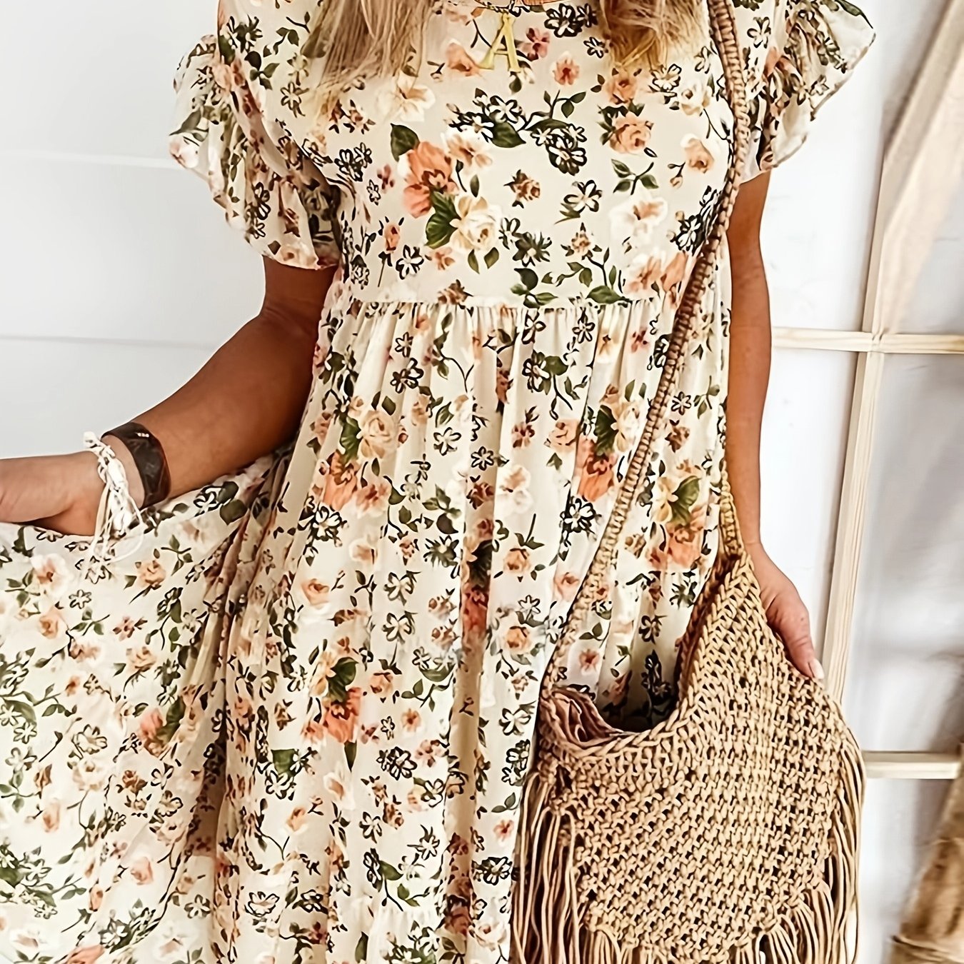 Elegant floral print plus size dress with ruffle detail. Navy blue with pink flowers, perfect for spring and summer. Casual chic style.