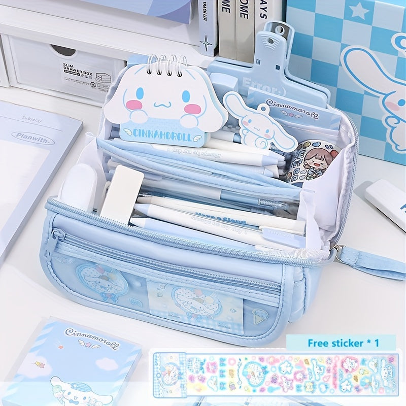 1 piece SANRIO 9-Layer Large-Capacity Multi-Functional Pen Case made of Oxford Cloth featuring Kulomi & Melody Cute Cartoon Style, ideal for organizing student stationery. Waterproof and