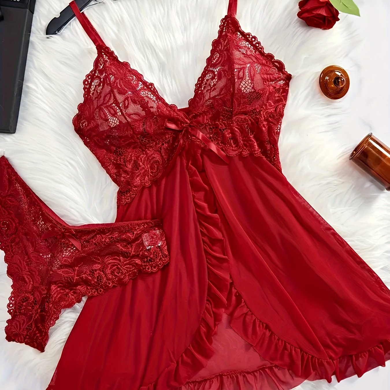 Valentine's Day lace lingerie set with deep V split skirt in plus sizes. Includes free panties and available in multiple colors.