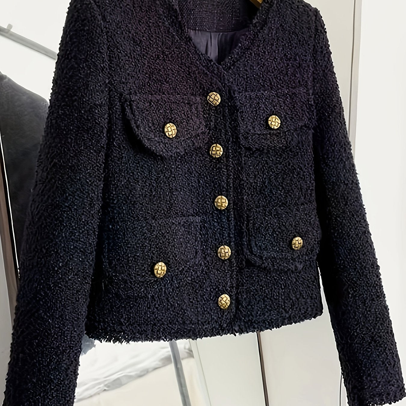 Textured V-neck coat in solid color for fall & winter, women's fashion.