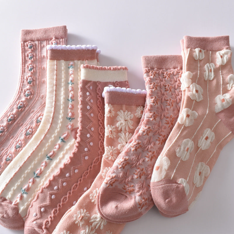 6 pairs of lightweight and comfy flower bubble cable crew socks for women.