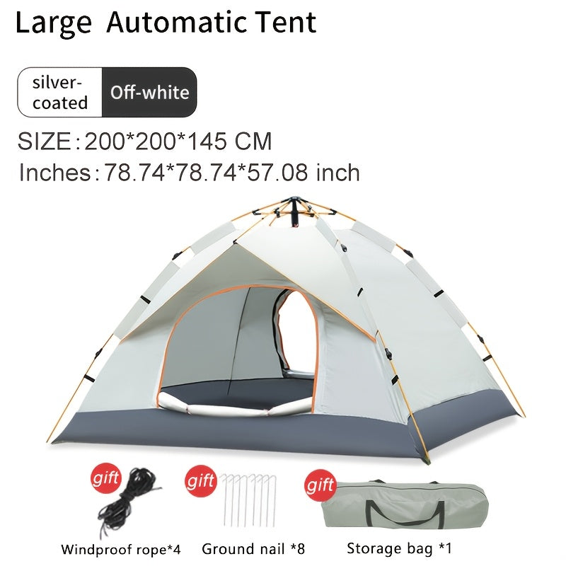 Fully automatic 4-person tent in lush green with durable poles, waterproof polyester blend, easy zip closure, portable for all seasons.