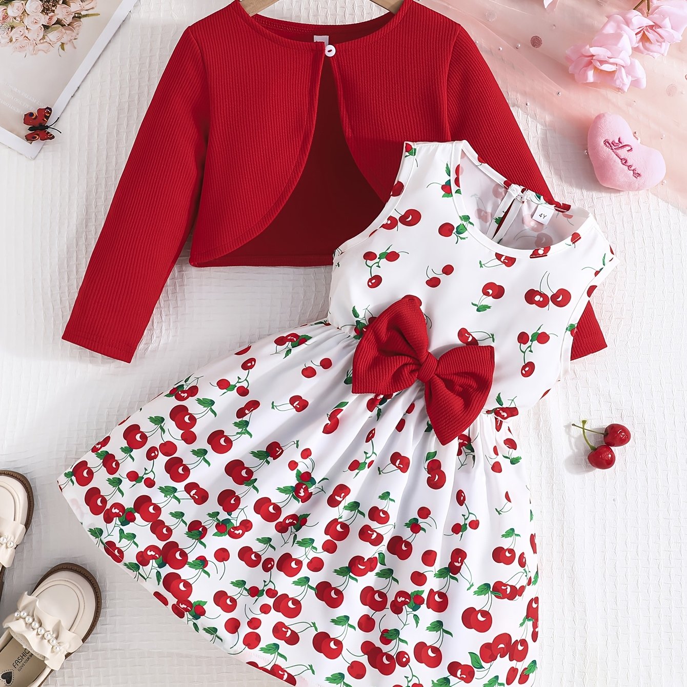 Romantic 2pcs Valentines Day Outfit for Girls - Long-sleeved Cardigan + Sleeveless Sundress Set