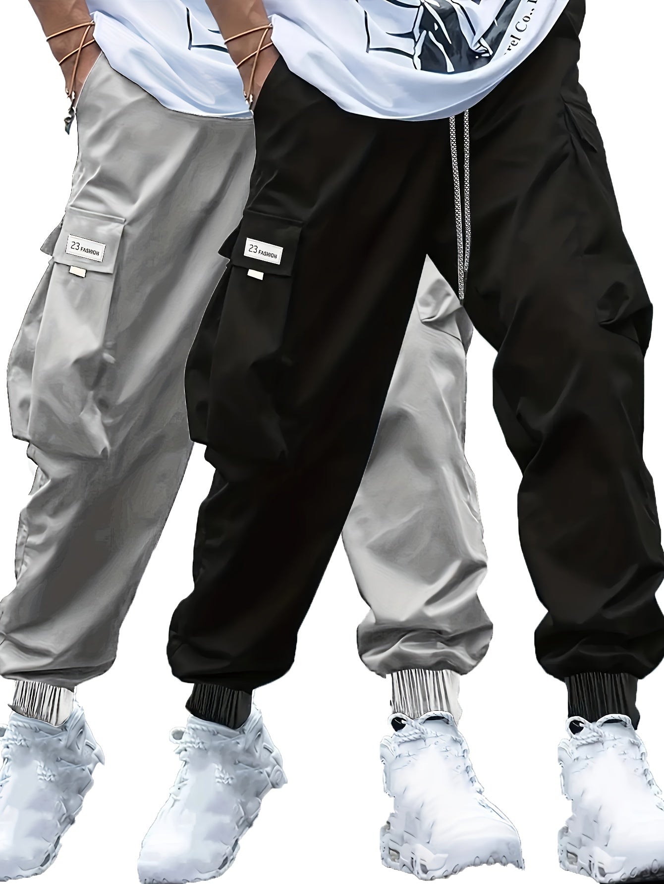 Set of 2 men's plus size cargo pants with athletic and casual style, featuring trendy pockets.