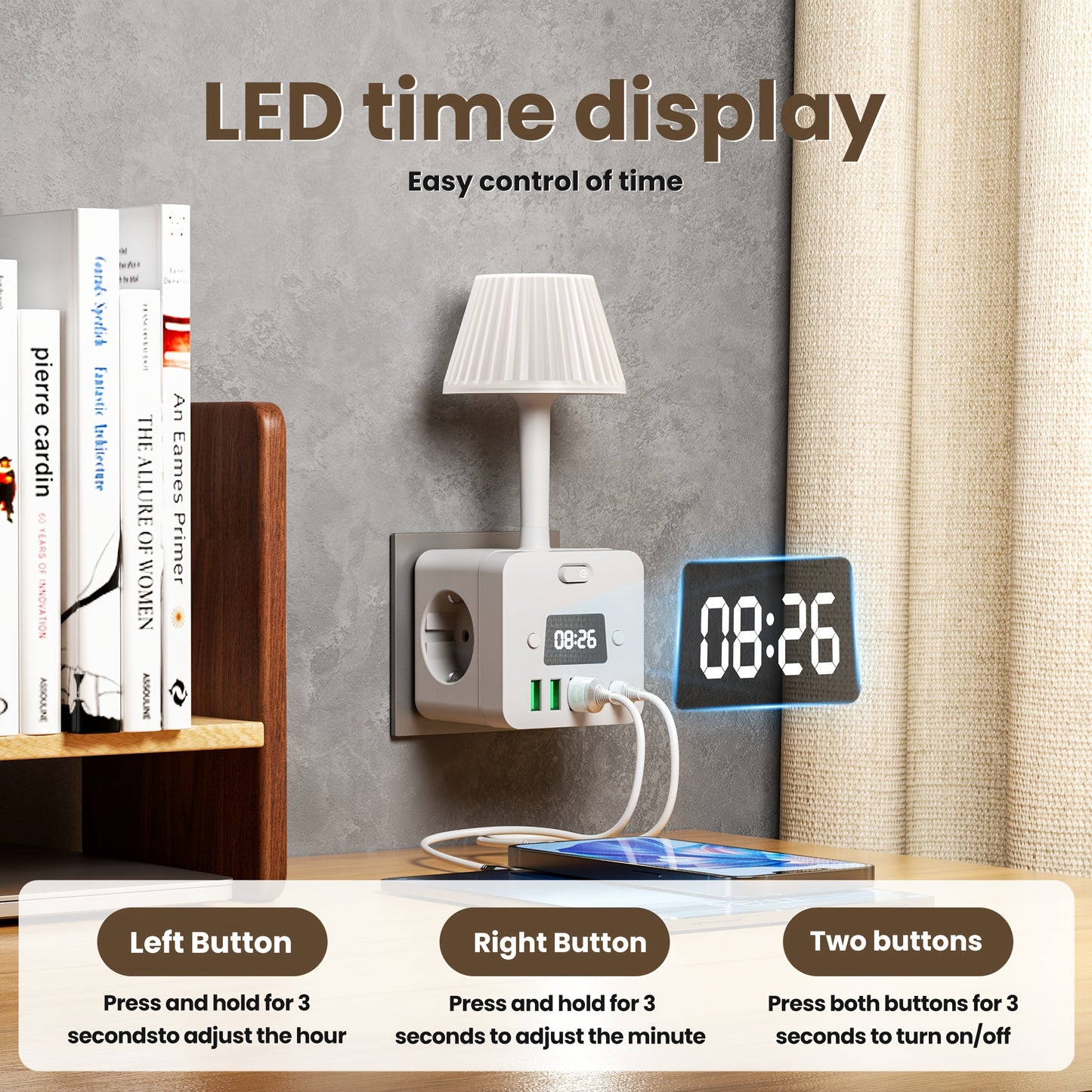 1 Smart Wall Outlet with Desk Lamp - 4-sided power strip with LED time display, overload protection, 3 AC outlets, 3 USB-A & 2 USB-C ports, on/off switch, surge protection, European plug