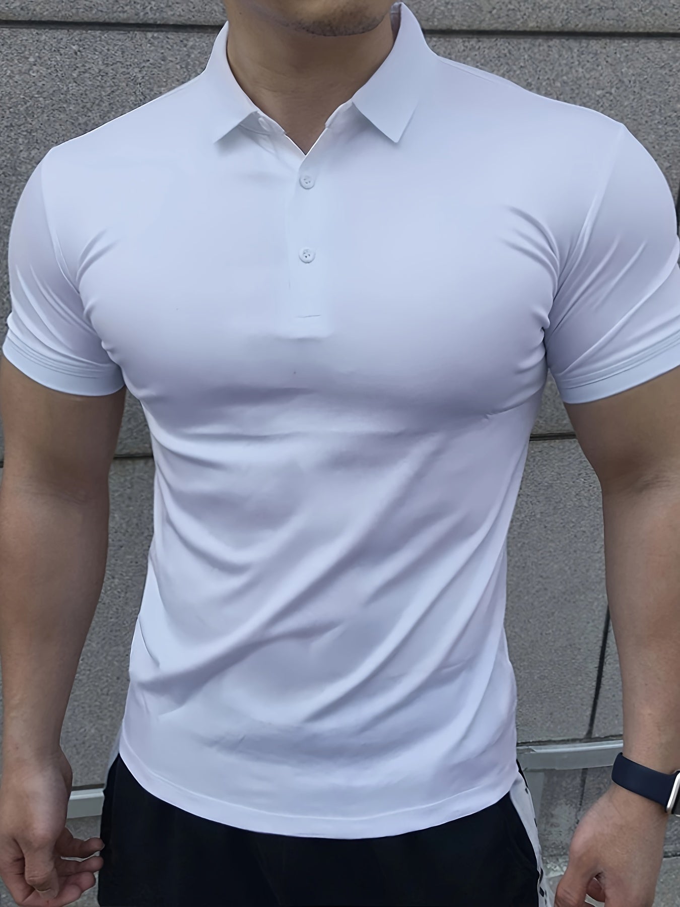 Men's Performance Athletic T-Shirt - 100% Polyester, Casual Collar, Medium Stretch, Solid Color, Summer Season, Button Detail, Slim Fit, Knit Fabric, Quick-Dry, Breathable Top