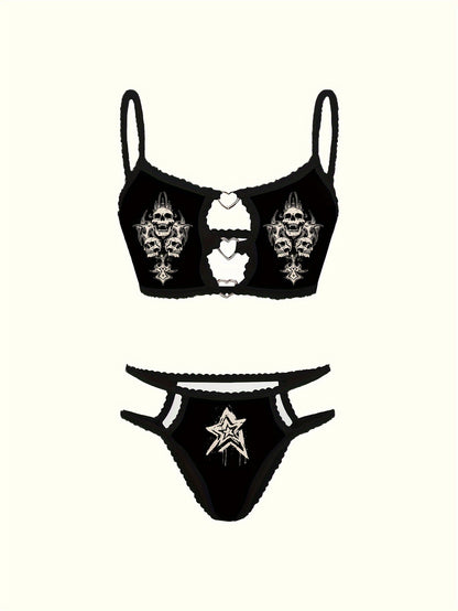 Unique skull star print bra and thong set with lace trim.