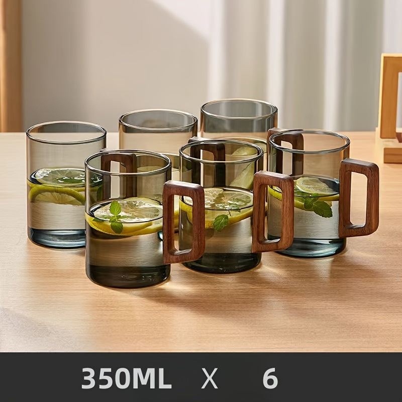 2/6 High Borosilicate Glass Water Cups with Smoke Green Wooden Handles, Black Walnut Tea Cup Set, Safe Packaging for Transportation.