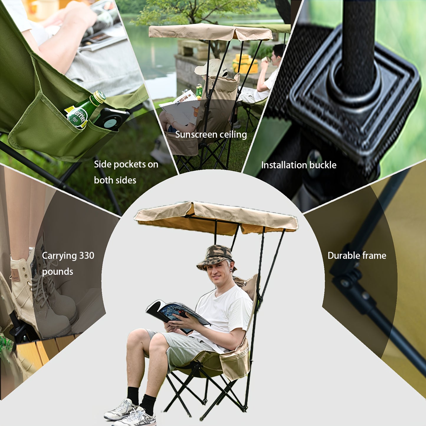 Portable folding camping chair with adjustable sun shade canopy, side pockets, 50+UPF sun protection, durable 600D Oxford fabric. Supports up to 149.69 KG, ideal for beach, camping, outdoor