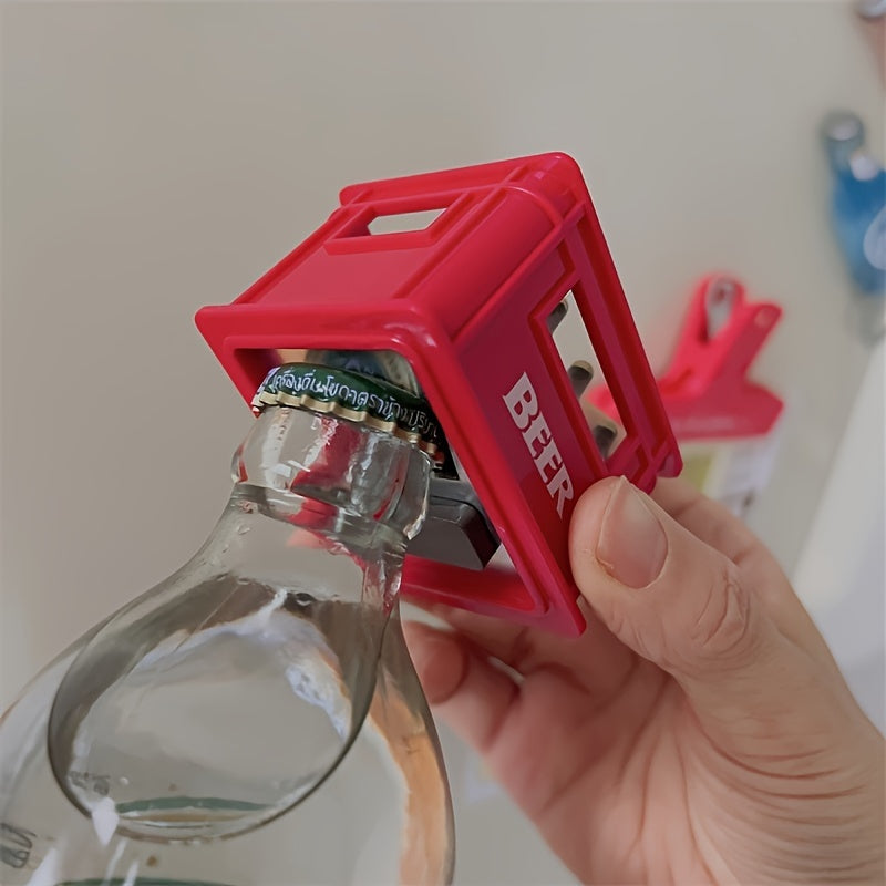 Magnetic beer bottle opener doubles as a decorative fridge magnet.